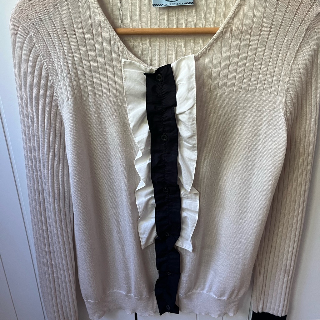 Prada Cream And Black Crew Neck Sweater With Tuxedo Ruffles